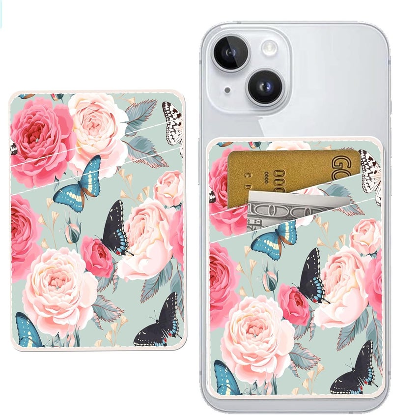 AOHRO Dual Pocket Leather Phone Wallet Adhesive Stick On, Cute Card Holder for Credit Cards, Compatible with Most Phones - Cute Rose Butterfly - Image 1